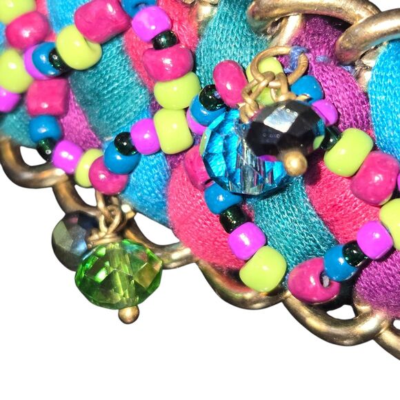 Chico's Multicolored Beaded Braided Fabric & Gold Tone Chain Belt OS/48" Long - Picture 3 of 12